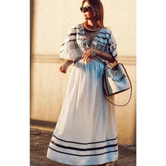 ZARA Boho Kaftan Dress Ecru Beaded XS/S Maxi Adjustable Waist Gypsy Festival - Picture 3 of 14